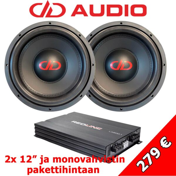 dd audio bassopaketti jossa 2x 12" subwoofer ja monovahvistin